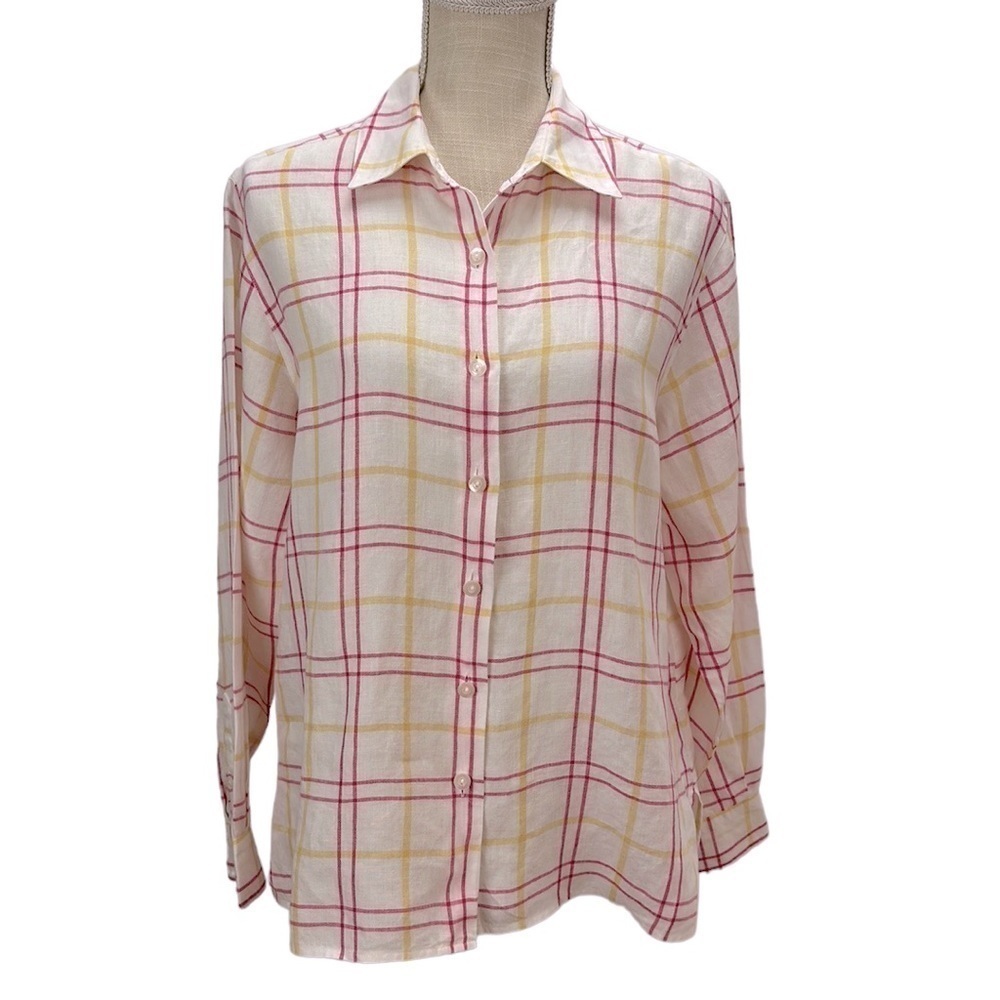 Talbots Irish Linen Windowpane Button‎ Up Shirt Size 10 Long Sleeve Pink …